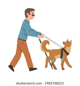 Blind Boy With Cane Guided By Seeing Eye Dog On Leash, Trained Animal Helping Disabled Person, Rehabilitation, Handicapped Accessibility Cartoon Vector Illustration