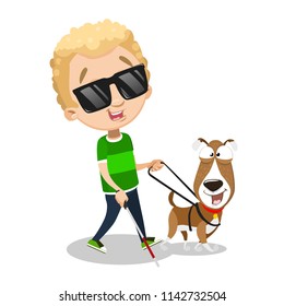 Blind boy in dark glasses, with cane and with guide-dog. Smiling caucasian lad in green sweater holds leash to funny dog and goes somewhere. Color illustration about disabled child on white background