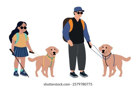 Blind boy and girl with theirs dog guide walking outside