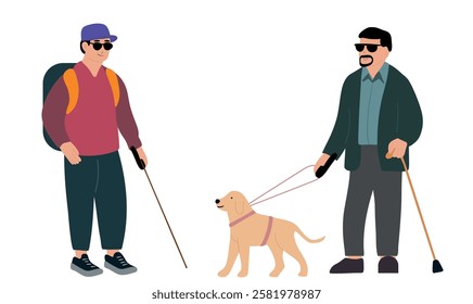 Blind boy and man with his dog guide walking outside