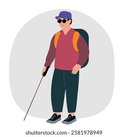 Blind boy man with his stick guide walking outside