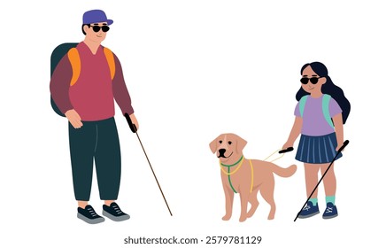 Blind boy with stick and little girl with her dog guide walking outside