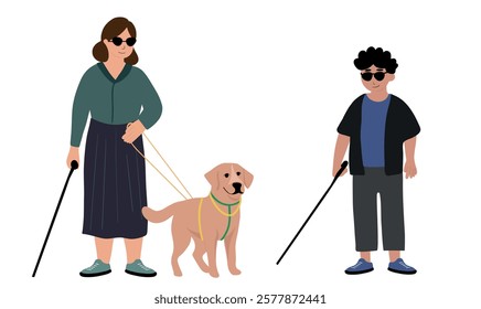 Blind boy and blind woman with her dog guide walking outside