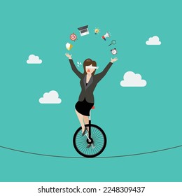 Blind business woman riding unicycle on a wire. Business risk concept. vector illustration