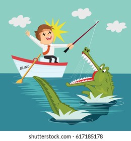 Blind businessman boat fishing catch crocodile, vector illustration cartoon