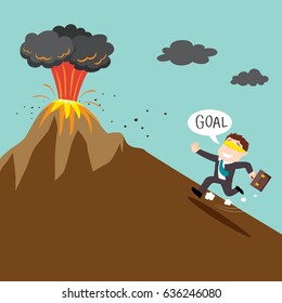 Blind businessman go toward wrong goal, vector illustration cartoon