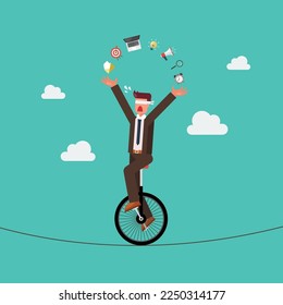 Blind businessman riding unicycle on a wire. Business risk concept. vector illustration