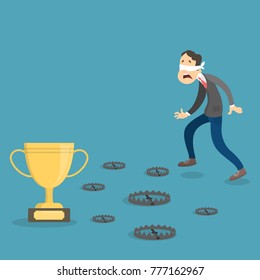 Blind businessman with risky path with traps to golden trophy.