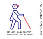 Blind with cane two color line icon. Vision loss, walking stick. Disabled person. Blindness diagnose bicolor outline symbol. Duotone linear pictogram. Isolated illustration. Editable stroke