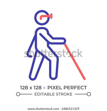 Blind with cane two color line icon. Vision loss, walking stick. Disabled person. Blindness diagnose bicolor outline symbol. Duotone linear pictogram. Isolated illustration. Editable stroke