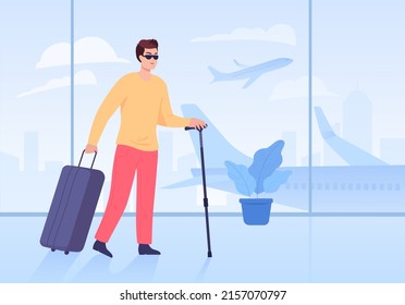 Hombre de caricatura ciego con bastón para caminar y equipaje en el aeropuerto. Aeropuerto inclusivo, persona con discapacidad esperando la ilustración plana del vector del vuelo. Accesibilidad, concepto de viaje para banner