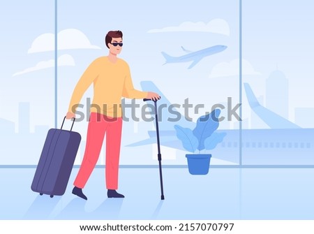 Blind cartoon man with walking stick and luggage in airport. Inclusive airport, person with disability waiting for flight flat vector illustration. Accessibility, traveling concept for banner