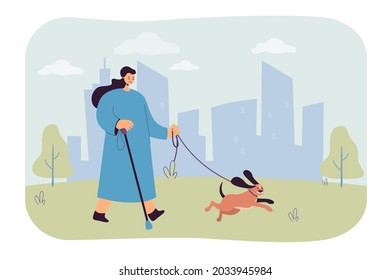 Blind cartoon woman on walk with guide dog in park. Disabled female character with walking stick flat vector illustration. Disability, assistance concept for banner, website design or landing web page