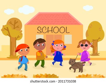 Blind child with guide-dog goes to school with friends, cartoon vector illustration in autumn