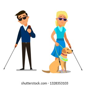 Blind children being Guided by a Seeing Eye Dog. Vector illustration in cartoon style.