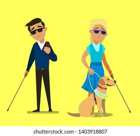 Blind children being Guided by a Seeing Eye Dog. Vector illustration in cartoon style.