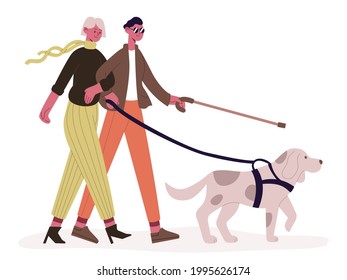 Blind couple with guide dog. Disabled man and woman walking with guide dog, blind couple and service animal vector illustration. Handicapped people concept. Couple blind man and woman with pet