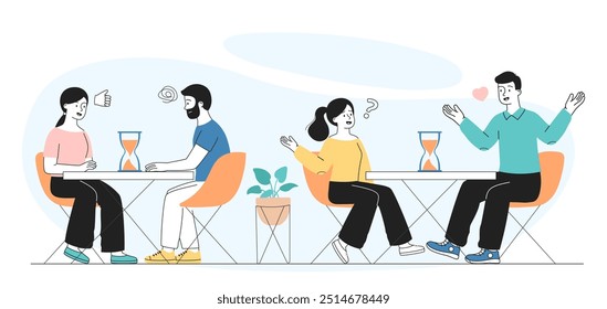 Personas citas a ciegas. Hombres y mujeres se sientan en las mesas con reloj de arena y charlan. Amor y romance, citas rápidas. Comunicación romántica. Ilustración vectorial lineal aislada sobre fondo blanco