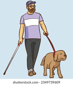 Hombre Ciego Discapacitado Con Palo Y Perro