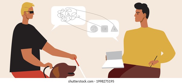 A blind disabled person is consulted by a psychologist. Flat vector stock illustration. Consultation with a psychotherapist. Psychological assistance for the visually impaired. Vector graphics