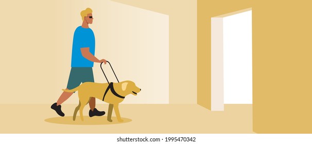 Blind disabled person with a guide dog, indoor entrance. Flat vector stock illustration. Indoor for an inclusive person. Doorway for the visually impaired. Mobility with a dog. Vector graphics