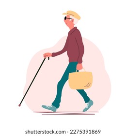 Blind elderly man with a cane walks down the street. Glasses on the eyes. Cartoon vector illustration