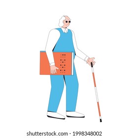 Blind elderly man with stick and book. Person with disability have a braille book. Vector illustration.