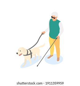 Blind elderly man with walking stick and guide dog isolated on white background. Flat vector isometric illustration.