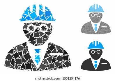 Blind engineer mosaic of raggy items in variable sizes and shades, based on blind engineer icon. Vector raggy parts are grouped into mosaic. Blind engineer icons collage with dotted pattern.