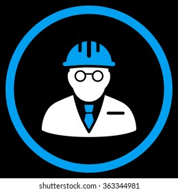Blind Engineer vector icon. Style is bicolor flat circled symbol, blue and white colors, rounded angles, black background.