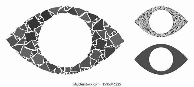 Blind eye composition of tremulant elements in variable sizes and color hues, based on blind eye icon. Vector tremulant dots are combined into composition. Blind eye icons collage with dotted pattern.