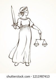 Blind fair justitia lady figure on white courtroom paper background. Old classic civil greek Femida statue pictogram. Black line draw jurisdiction order logo emblem sketch in ancient art cartoon style