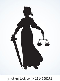 Blind fair justitia lady figure on white courtroom background. Old classic civil jail Femida female statue pictogram. Black draw jurisdiction wisdom order libra logo emblem in ancient art engrav style