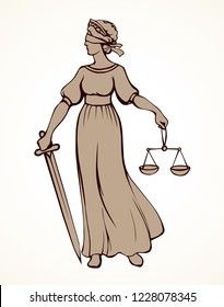 Blind fair justitia lady figure with sword on white paper background. Old classic civil jail Femida statue pictogram. Black draw jurisdiction order logo emblem sketch in ancient art cartoon style