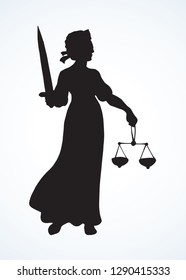 Blind fair justitia lady figure on white paper background. Old classic civil jail Femida female statue pictogram. Black draw jurisdiction wisdom order libra logo emblem in ancient art engrave style