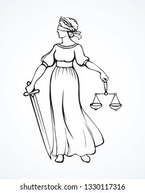 Blind fair justitia lady figure on white courtroom background. Old classic civil Femida statue pictogram. Black line draw jurisdiction order guard sword logo sword emblem sketch in art cartoon style