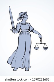 Blind fair justitia lady figure on white courtroom background. Old classic civil greek Femida statue pictogram. Black line draw jurisdiction order guard logo sword emblem sketch in art cartoon style