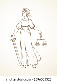 Blind fair justitia lady figure on white courtroom background. Old classic civil greek Femida statue pictogram. Black line draw jurisdiction order guard logo sword emblem sketch in art cartoon style