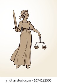 Blind fair justitia lady figure on white courtroom paper background. Old classic civil jail Femida statue pictogram. Black line draw jurisdiction order logo emblem sketch in ancient art cartoon style