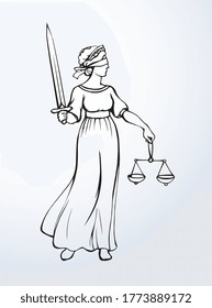 Blind fair justitia lady figure on white courtroom paper background. Old classic civil jail Femida statue pictogram. Black line draw jurisdiction order logo emblem sketch in ancient art cartoon style