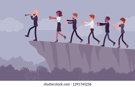 Blind Faith Followers Moving To Danger. Group Of People Come After A Person With A Flute, Subgroup Of A Religious Encharmed With Tales, Unreasoned Belief, Not Conscious Of Reality. Vector Illustration