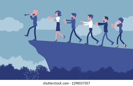 Blind faith followers moving to danger. Group of people come after a person with a flute, subgroup of a religious encharmed with tales, unreasoned belief. Vector illustration, faceless characters