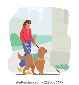Blind Female Character With A Guide Dog Walks Confidently Down The Street, With Walking Cane and Dog Leading The Way And The Woman Following Closely. Cartoon People Vector Illustration svg