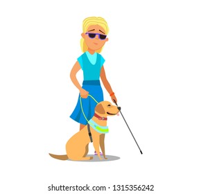 Blind girl Being Guided by a Seeing Eye Dog. Vector illustration in cartoon style.