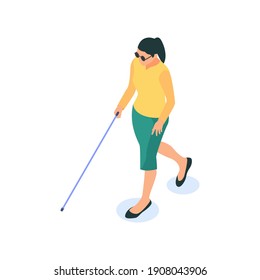 Blind girl with a cane in motion on a white background. Flat vector isometric illustration.