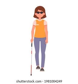 Blind girl with a cane walking. Front view. Vector illustration isolated on white background