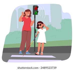 Personaje De Chica Ciega Usando Un Bastón Mientras Cruza La Calle Con Ayuda De Adultos. La Imagen Destaca Las Habilidades De Autocuidado Y La Independencia De Los Niños Con Discapacidades. Ilustración vectorial de Personas de dibujos animados