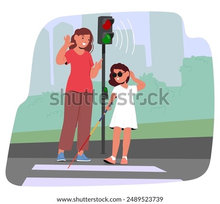 Blind Girl Character Using A Cane While Crossing The Street With Adult Help. The Image Highlights Selfcare Skills And Independence For Children With Disabilities. Cartoon People Vector Illustration