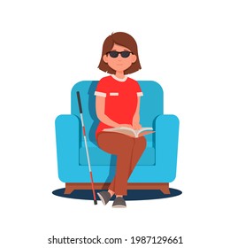 A Blind Girl Disabled People Reads A Braille Book While Sitting In A Chair. Vector Illustration