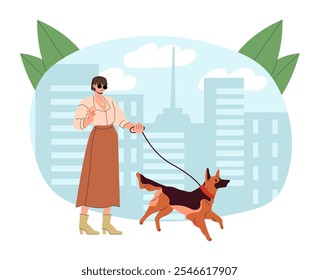 Chica ciega con perro. Mujer con gafas de sol con discapacidad. Persona con perro guía. Asistente y escolta. Muchacha joven con el pastor alemán. Ilustración vectorial plana aislada sobre fondo blanco